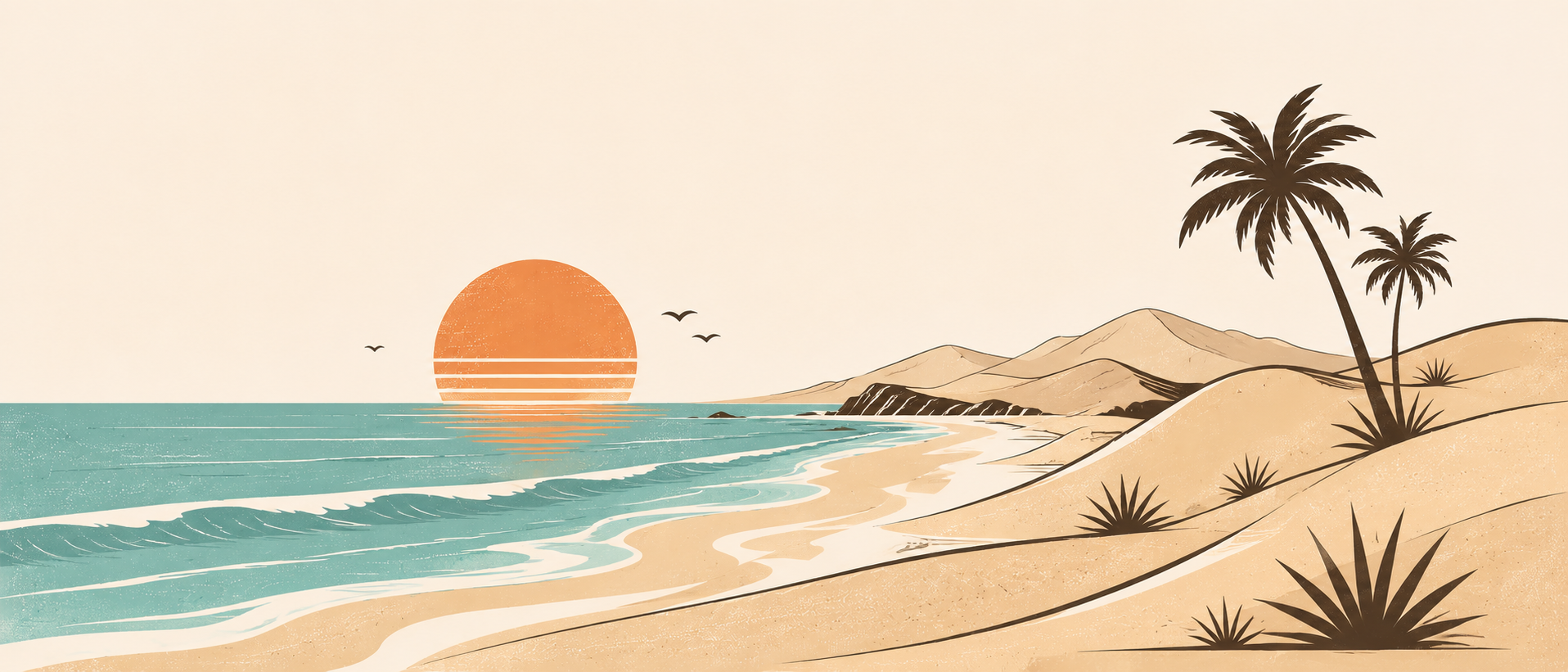 Costa de Nomad Dune: dunas, palmeras y mar al atardecer